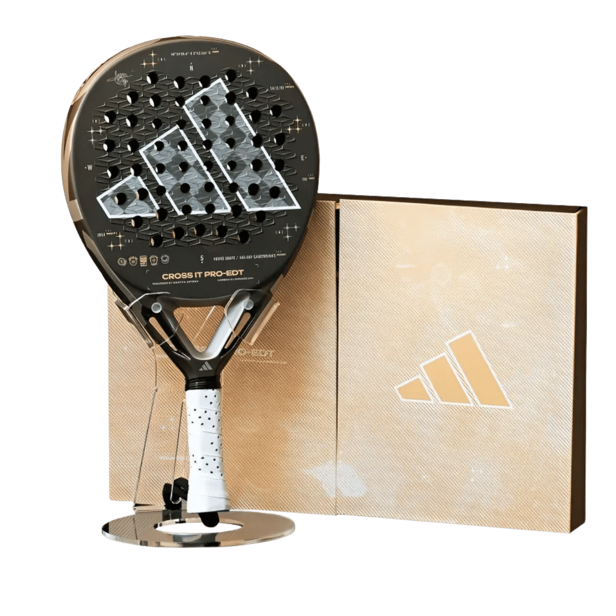 Padel racket with Adidas branding next to its packaging on a transparent background