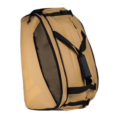 Beige backpack with black straps on a white background