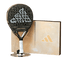 Padel racket with Adidas branding next to its packaging on a transparent background